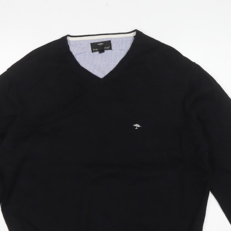 Fynch-Hatton Men’s Black M V-Neck Cotton Logo Pullover Jumper