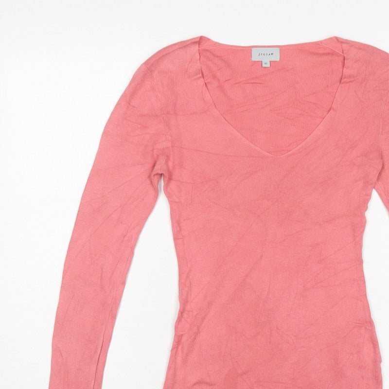 Jigsaw Women’s Pink XS Silk Cotton V-Neck Long Sleeve Jumper