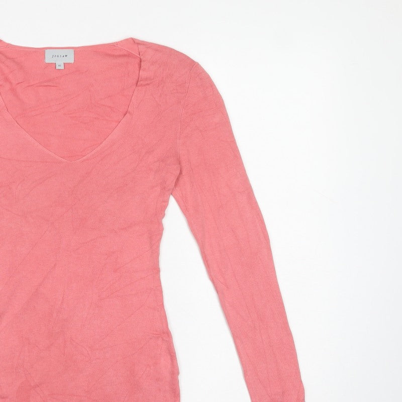 Jigsaw Women’s Pink XS Silk Cotton V-Neck Long Sleeve Jumper