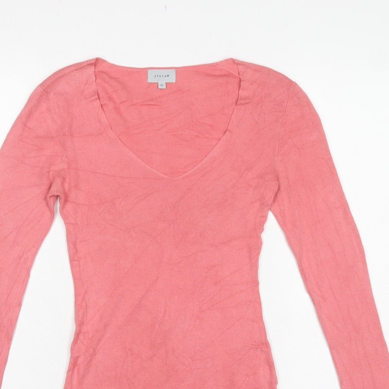 Jigsaw Women’s Pink XS Silk Cotton V-Neck Long Sleeve Jumper