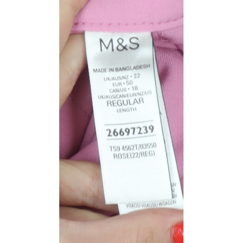 Marks & Spencer Women Pink UK 22 Regular Wide-Leg Tailored Trousers