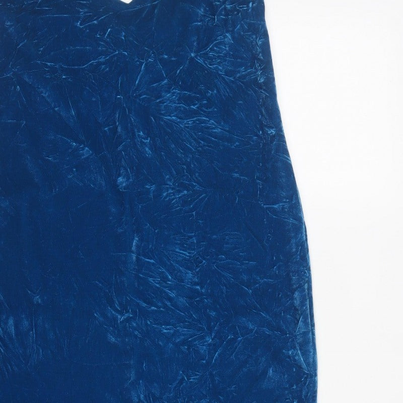 Zara Women Blue Velvet Long Slip Dress Size S Rhinestone Button