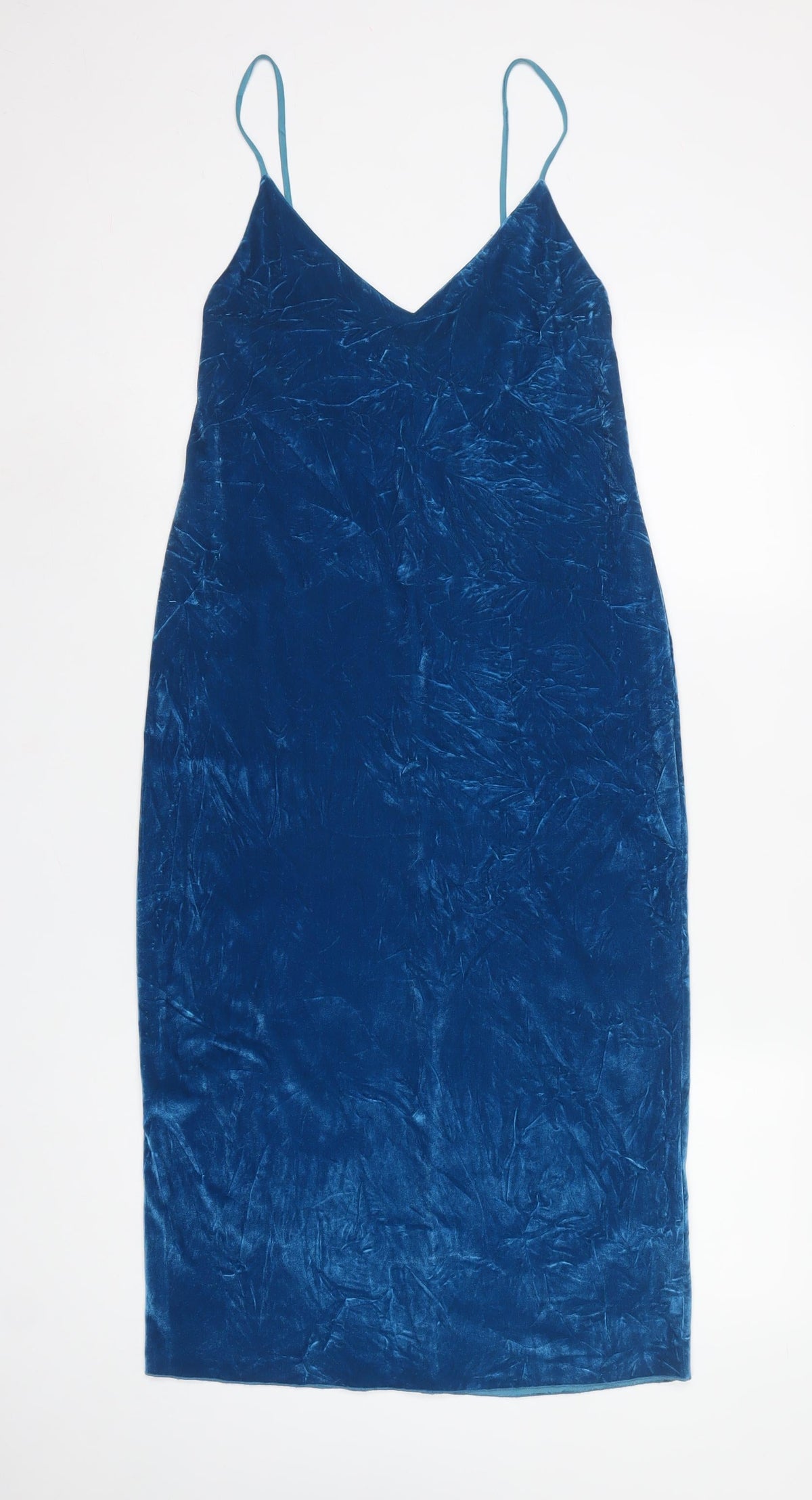 Zara Women Blue Velvet Long Slip Dress Size S Rhinestone Button