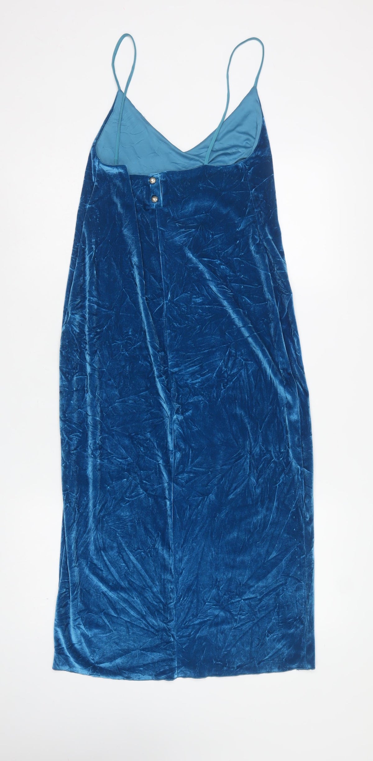 Zara Women Blue Velvet Long Slip Dress Size S Rhinestone Button