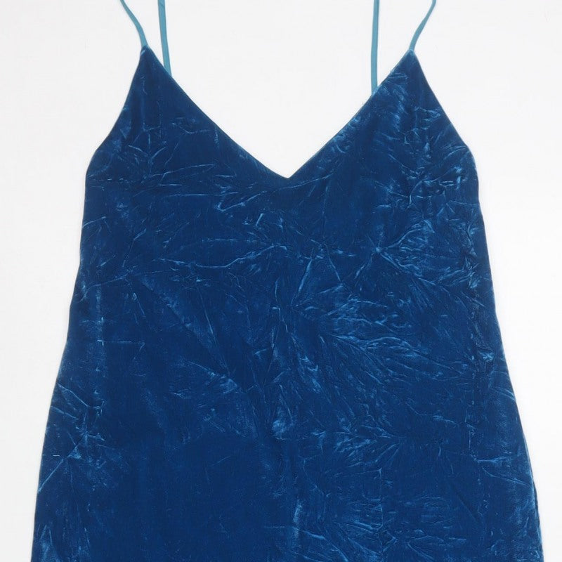 Zara Women Blue Velvet Long Slip Dress Size S Rhinestone Button