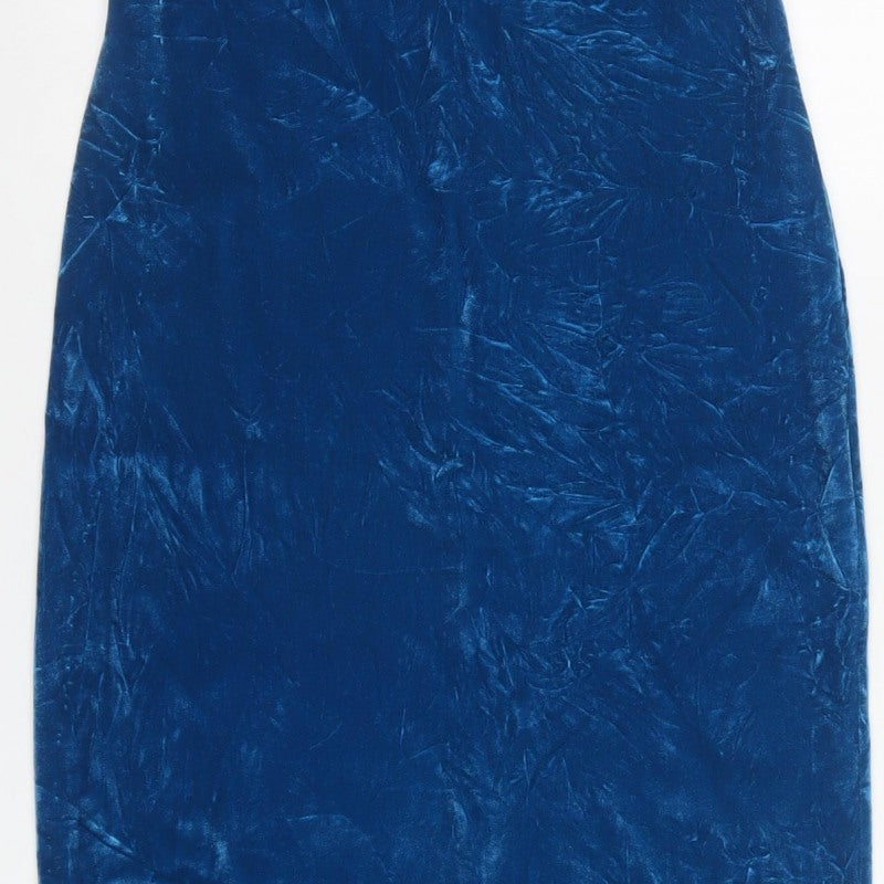 Zara Women Blue Velvet Long Slip Dress Size S Rhinestone Button