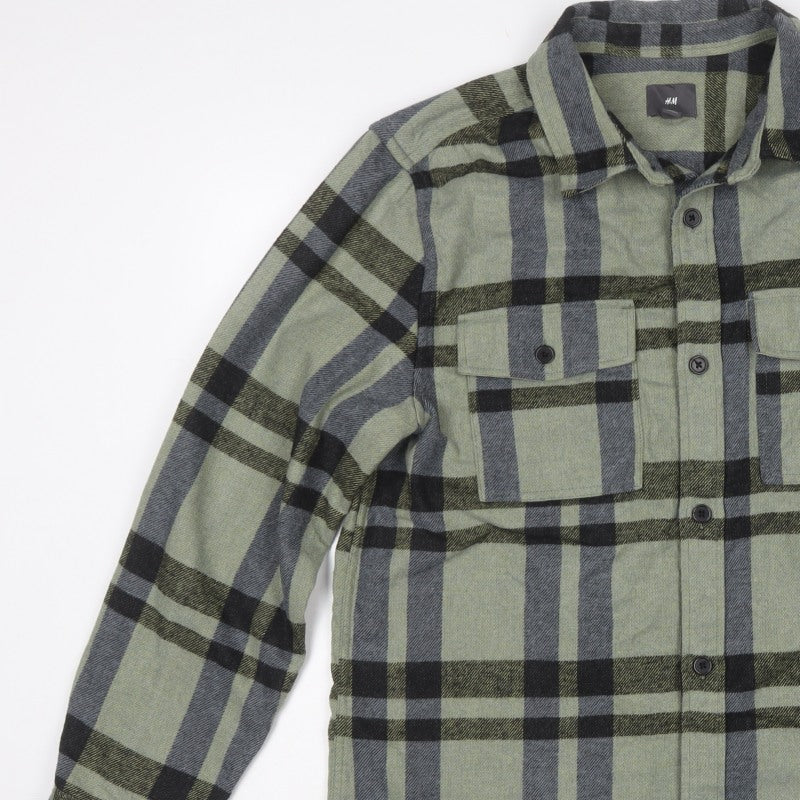 H&M Men Green L Check Flannel Overshirt Long Sleeve Button-Up