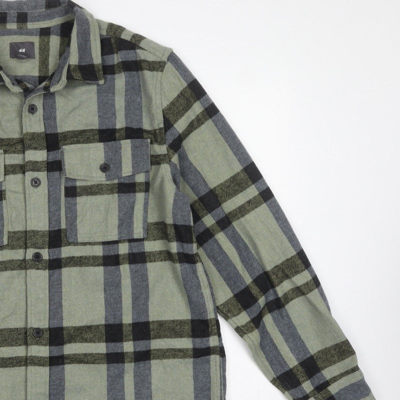 H&M Men Green L Check Flannel Overshirt Long Sleeve Button-Up