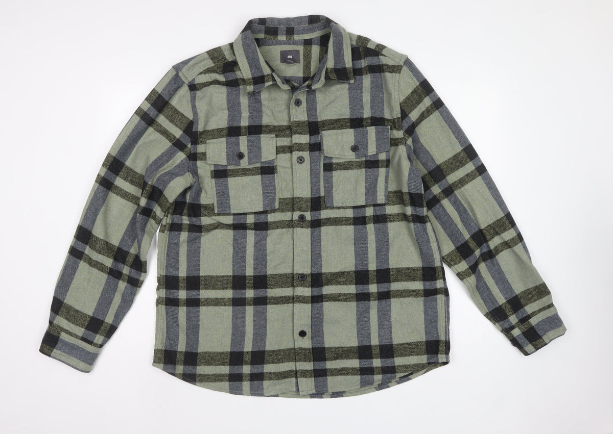 H&M Men Green L Check Flannel Overshirt Long Sleeve Button-Up