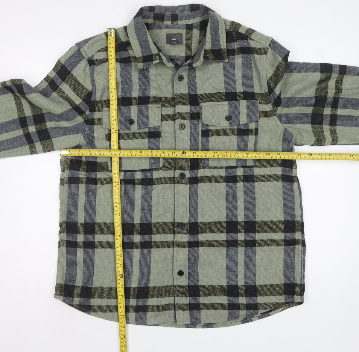 H&M Men Green L Check Flannel Overshirt Long Sleeve Button-Up