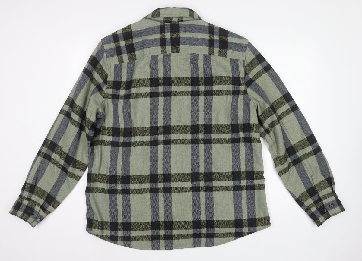 H&M Men Green L Check Flannel Overshirt Long Sleeve Button-Up
