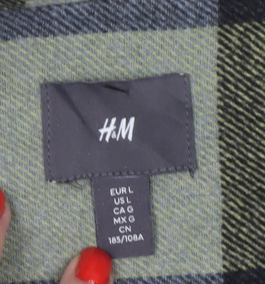 H&M Men Green L Check Flannel Overshirt Long Sleeve Button-Up