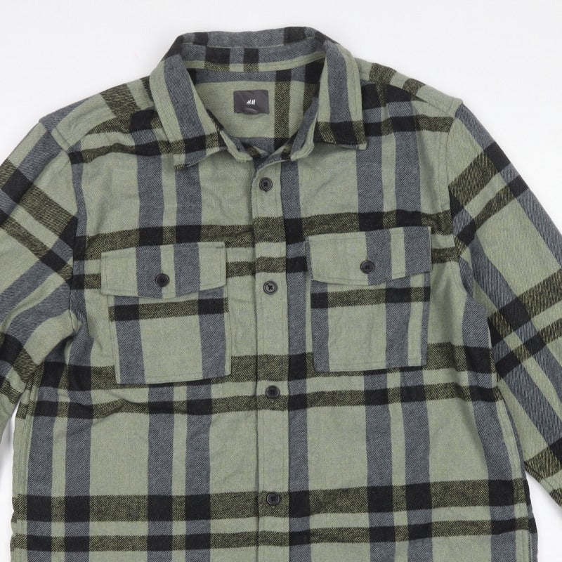 H&M Men Green L Check Flannel Overshirt Long Sleeve Button-Up