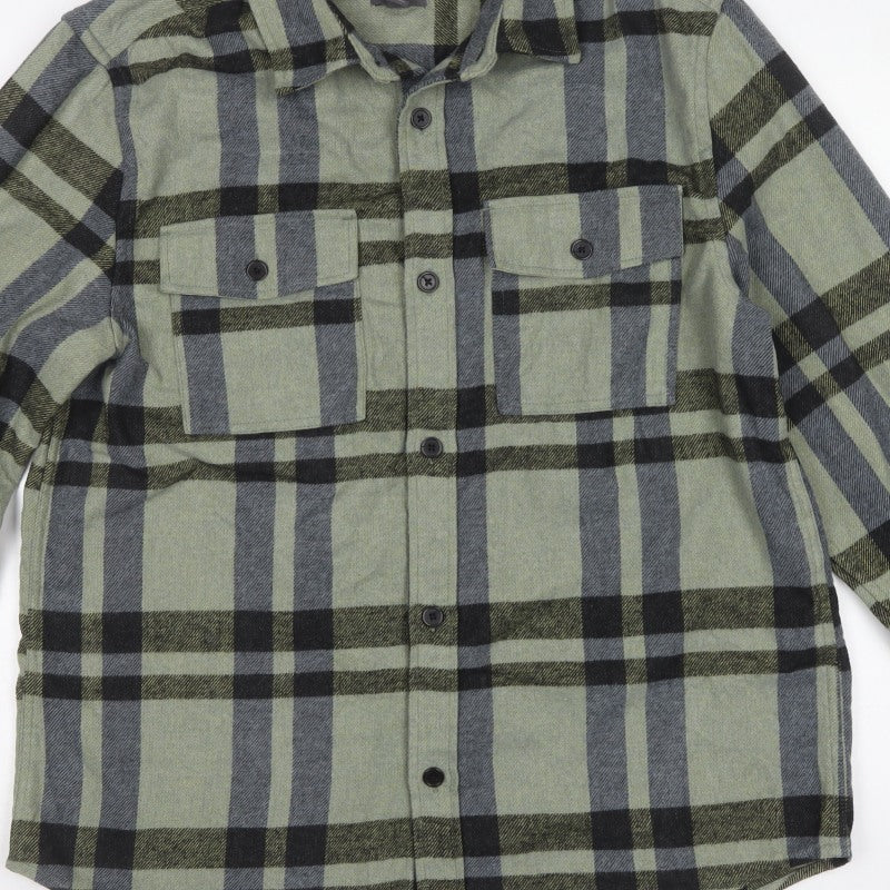 H&M Men Green L Check Flannel Overshirt Long Sleeve Button-Up