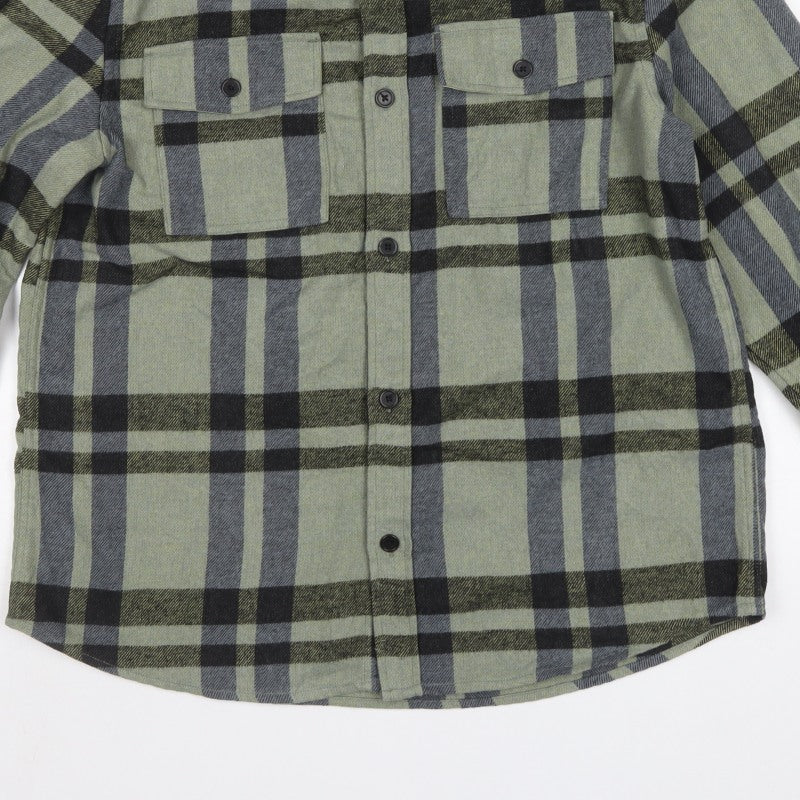 H&M Men Green L Check Flannel Overshirt Long Sleeve Button-Up