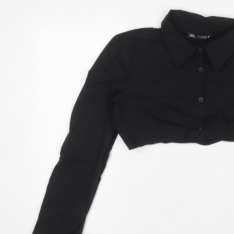 Zara Women Black Size S Cropped Button-Up Collared Long Sleeve Shirt