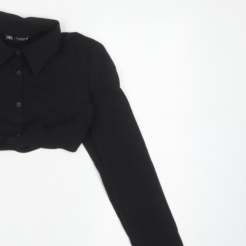 Zara Women Black Size S Cropped Button-Up Collared Long Sleeve Shirt