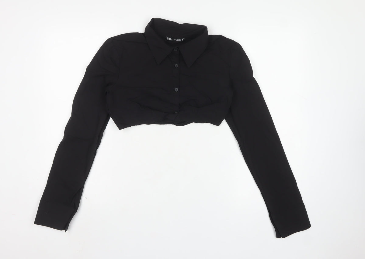 Zara Women Black Size S Cropped Button-Up Collared Long Sleeve Shirt