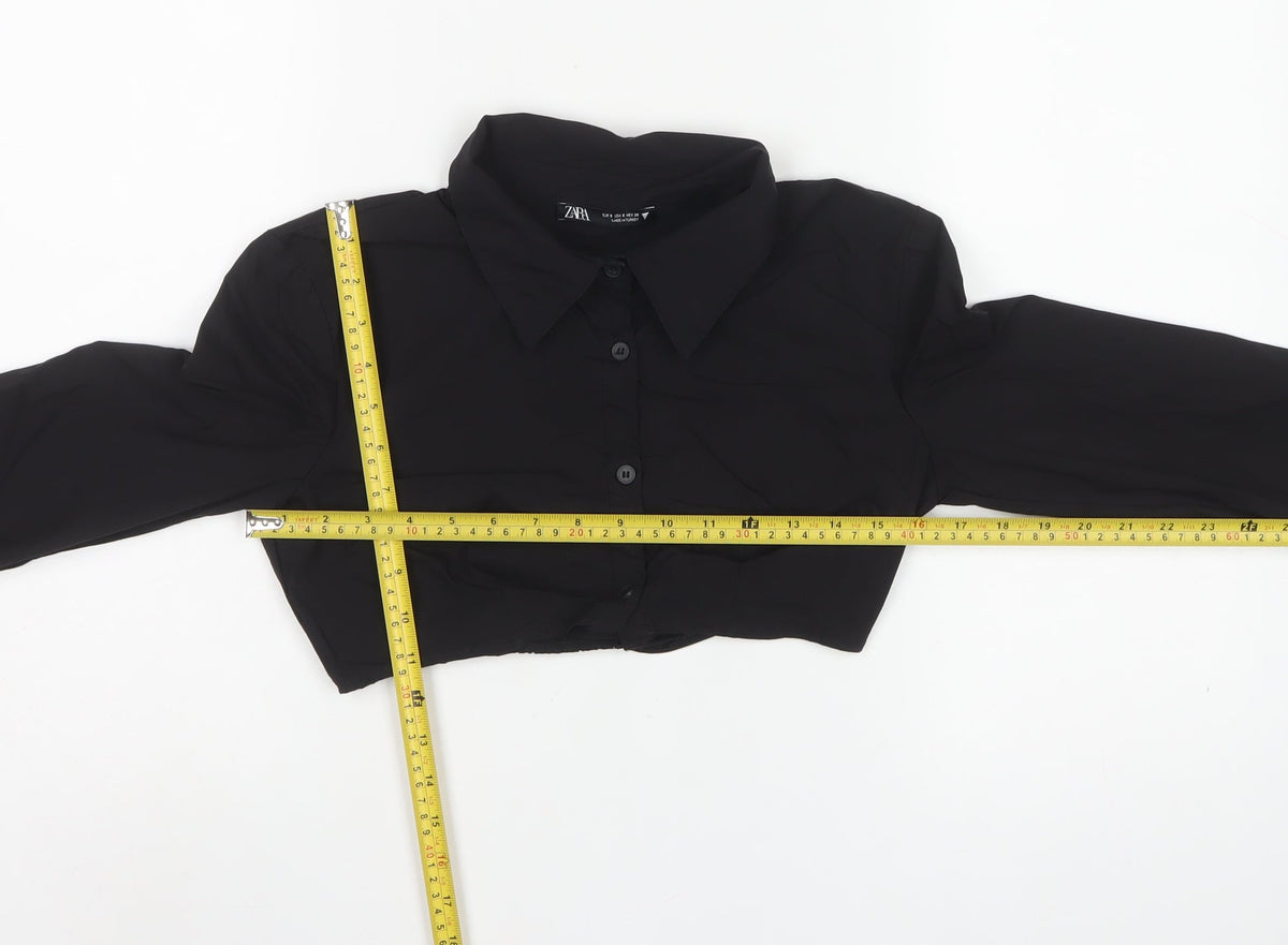 Zara Women Black Size S Cropped Button-Up Collared Long Sleeve Shirt