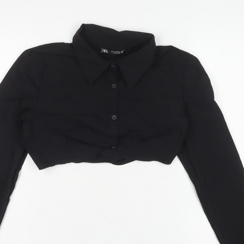 Zara Women Black Size S Cropped Button-Up Collared Long Sleeve Shirt