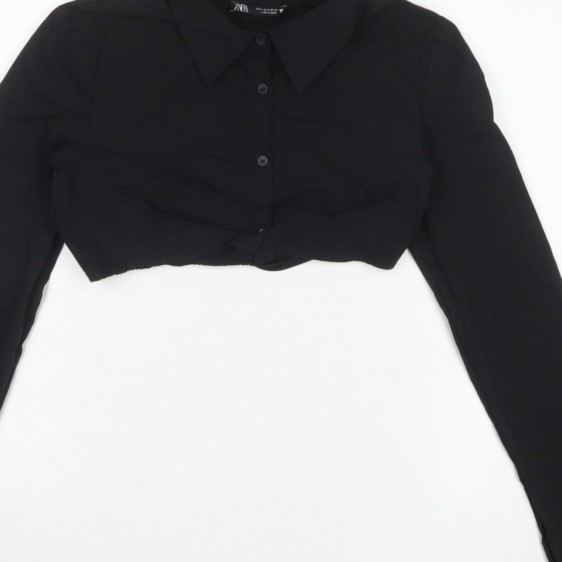 Zara Women Black Size S Cropped Button-Up Collared Long Sleeve Shirt