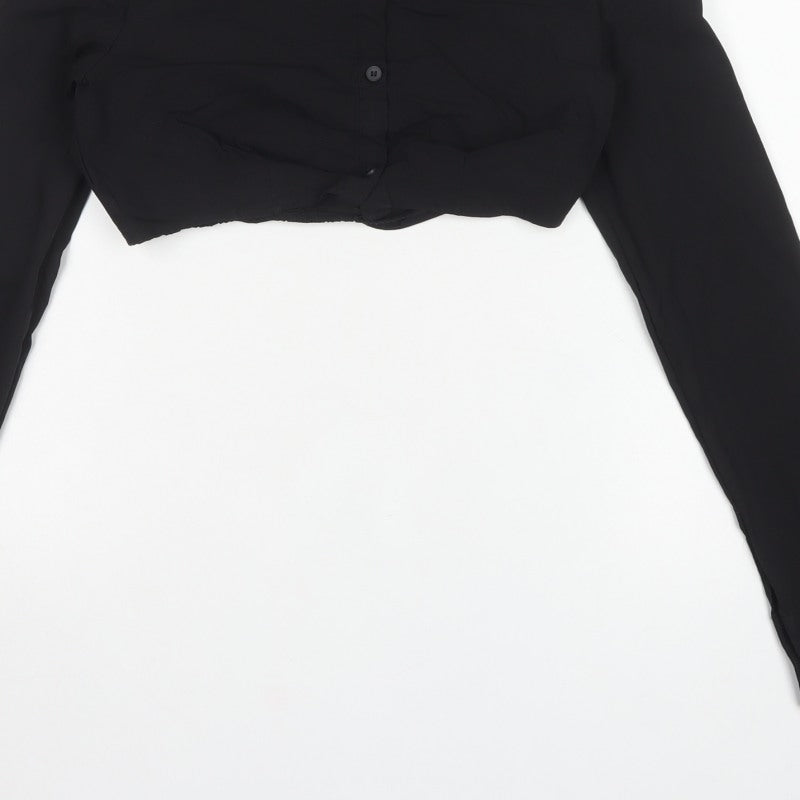 Zara Women Black Size S Cropped Button-Up Collared Long Sleeve Shirt