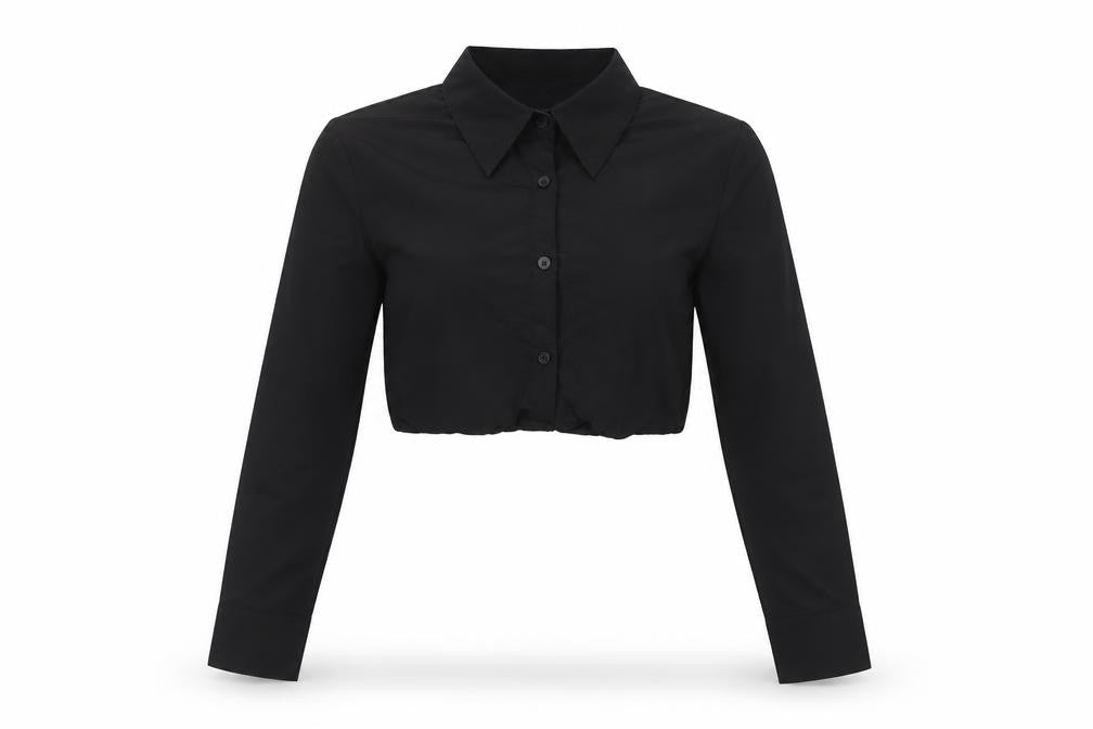 Zara Women Black Size S Cropped Button-Up Collared Long Sleeve Shirt