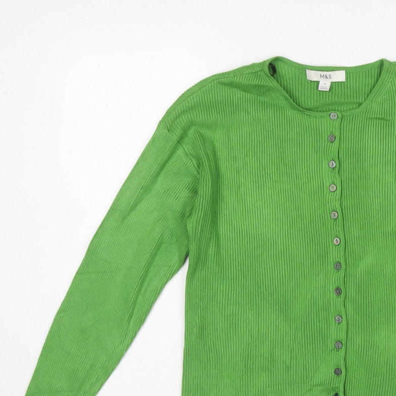 Marks and Spencer Women Green Size 12 Ribbed Button Cardigan