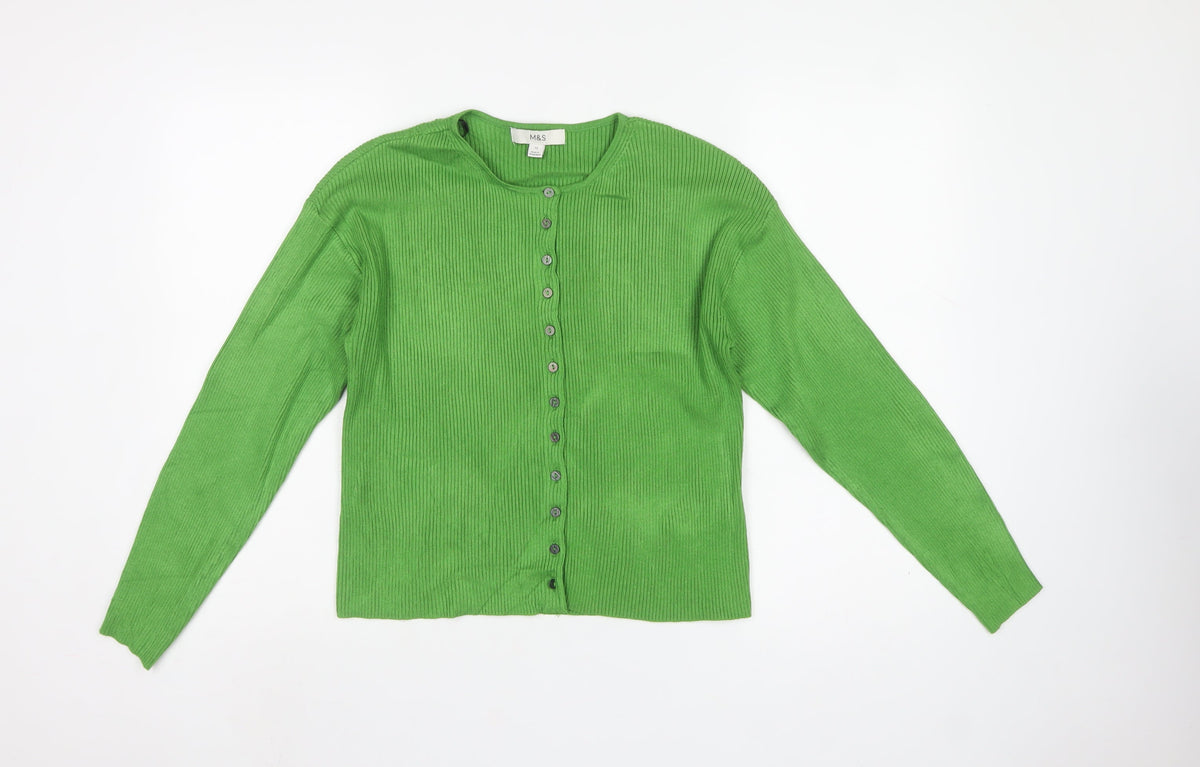 Marks and Spencer Women Green Size 12 Ribbed Button Cardigan