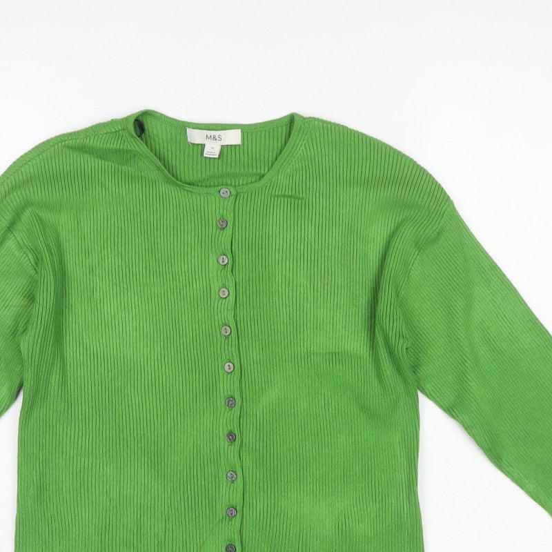 Marks and Spencer Women Green Size 12 Ribbed Button Cardigan