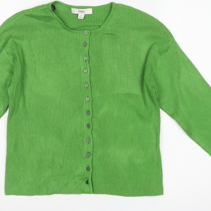 Marks and Spencer Women Green Size 12 Ribbed Button Cardigan