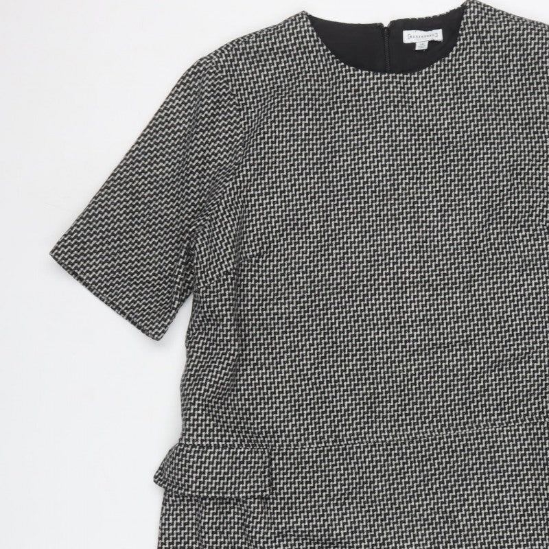 Warehouse Women Black Grey Herringbone Peplum Sheath Dress UK 18