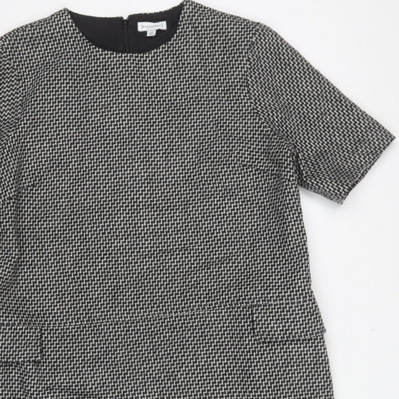 Warehouse Women Black Grey Herringbone Peplum Sheath Dress UK 18