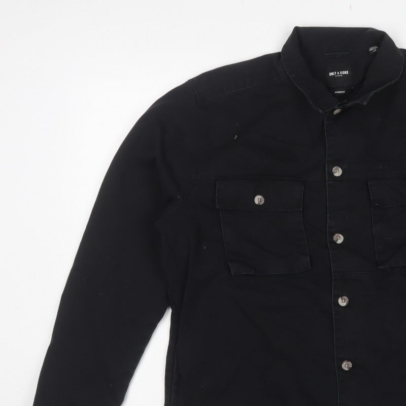 Only & Sons Men’s Black L Relaxed Fit Button-Up Overshirt