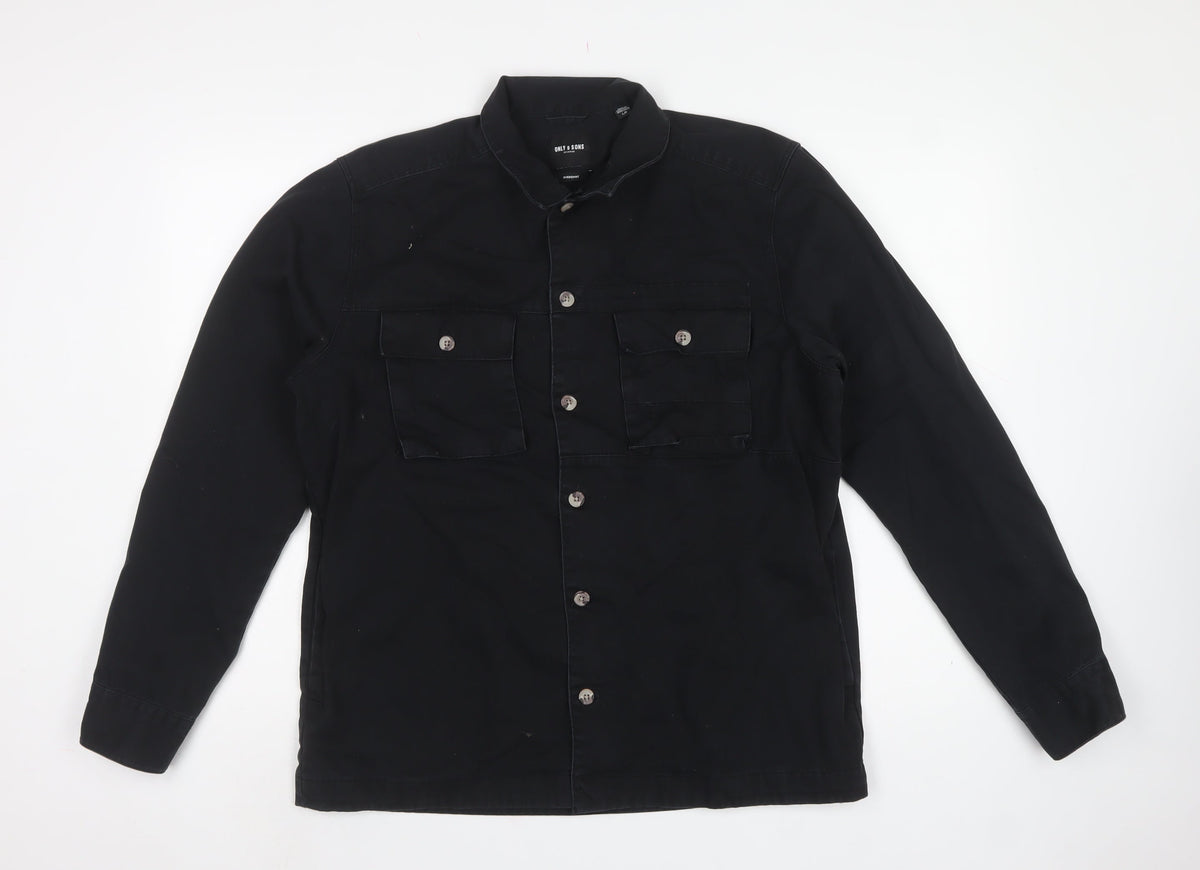 Only & Sons Men’s Black L Relaxed Fit Button-Up Overshirt