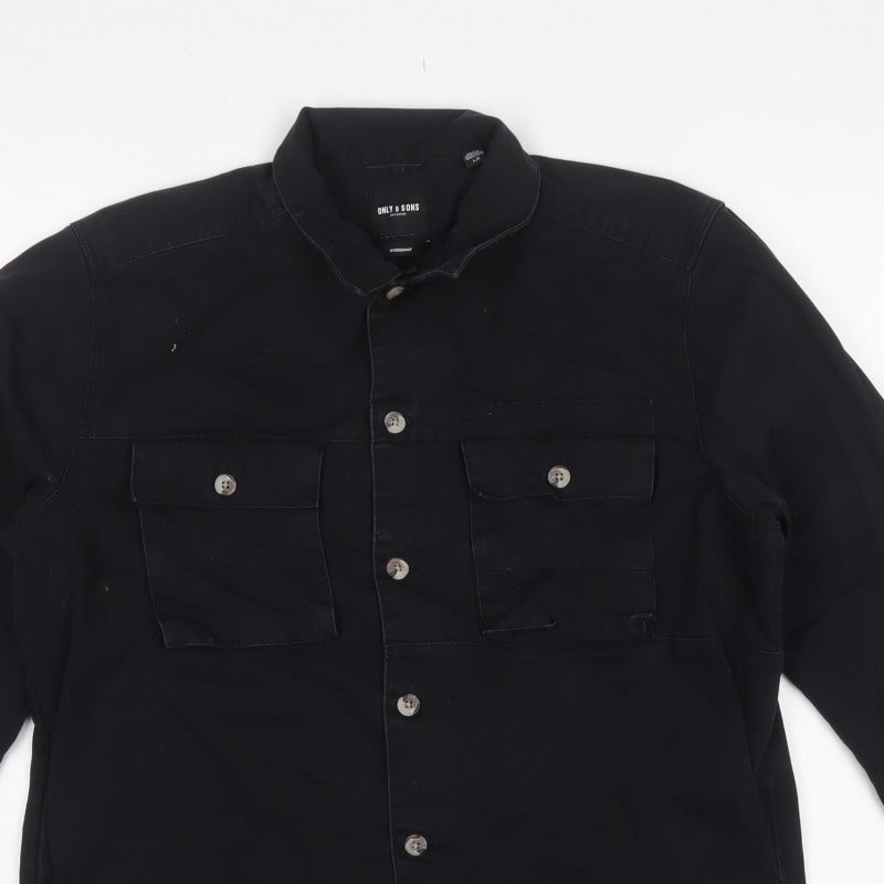 Only & Sons Men’s Black L Relaxed Fit Button-Up Overshirt