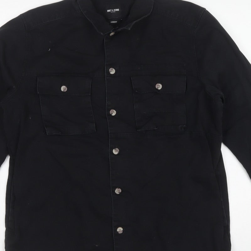 Only & Sons Men’s Black L Relaxed Fit Button-Up Overshirt