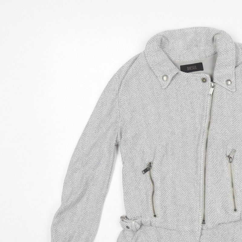 Diesel Women’s Grey Herringbone Biker Jacket Size S Cotton