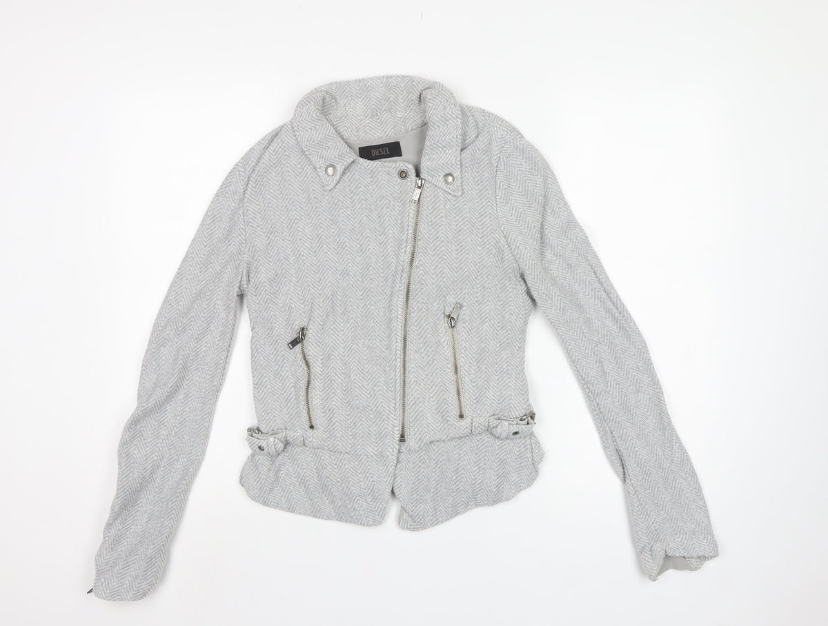 Diesel Women’s Grey Herringbone Biker Jacket Size S Cotton