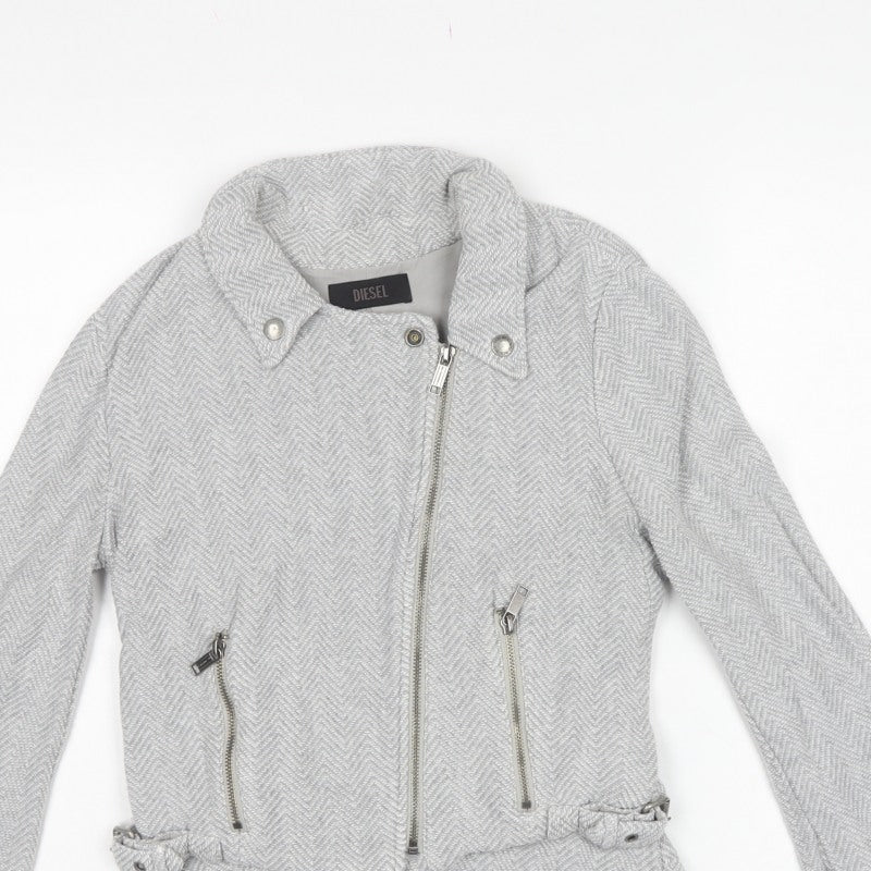 Diesel Women’s Grey Herringbone Biker Jacket Size S Cotton