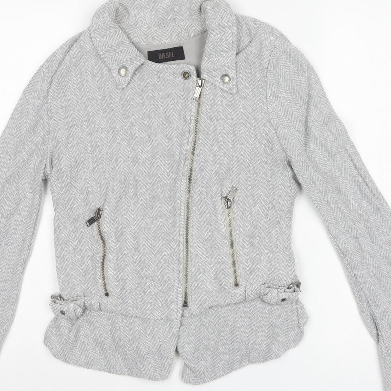 Diesel Women’s Grey Herringbone Biker Jacket Size S Cotton
