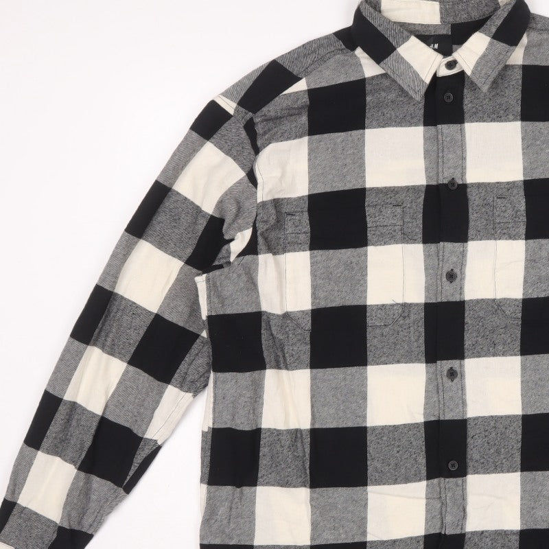H&M Men’s L Black Grey Check Relaxed Fit Cotton Button-Up Shirt