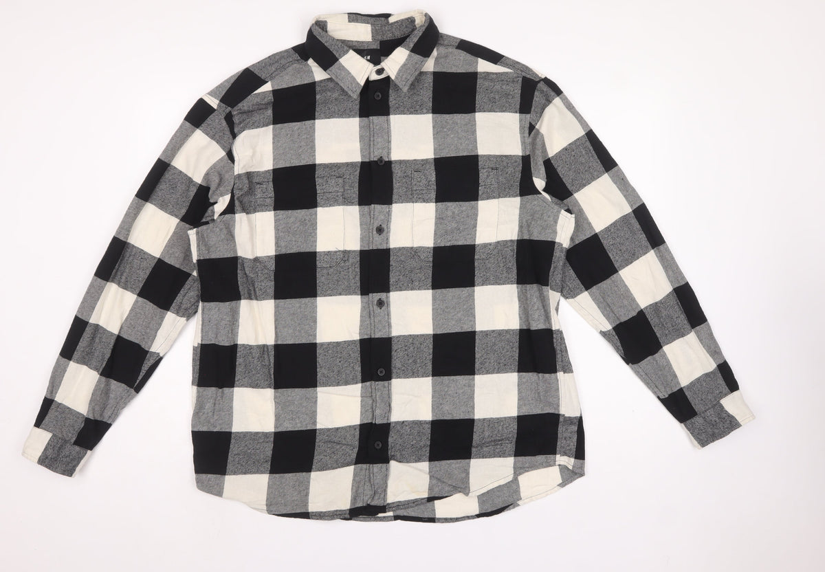 H&M Men’s L Black Grey Check Relaxed Fit Cotton Button-Up Shirt