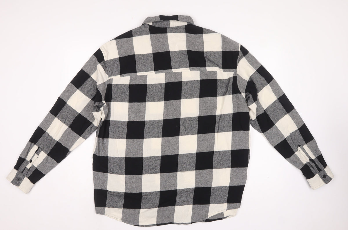 H&M Men’s L Black Grey Check Relaxed Fit Cotton Button-Up Shirt