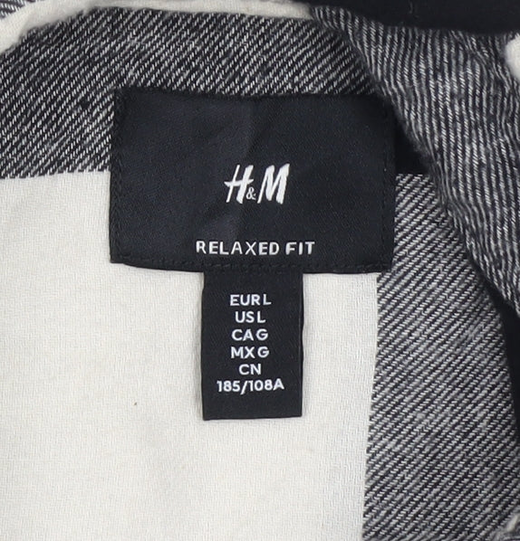 H&M Men’s L Black Grey Check Relaxed Fit Cotton Button-Up Shirt