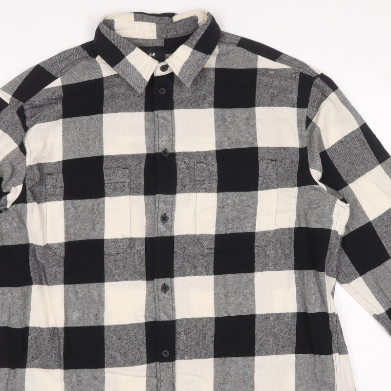 H&M Men’s L Black Grey Check Relaxed Fit Cotton Button-Up Shirt