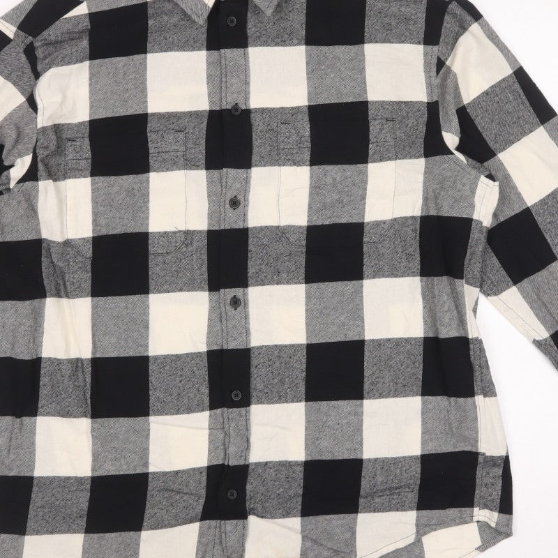 H&M Men’s L Black Grey Check Relaxed Fit Cotton Button-Up Shirt