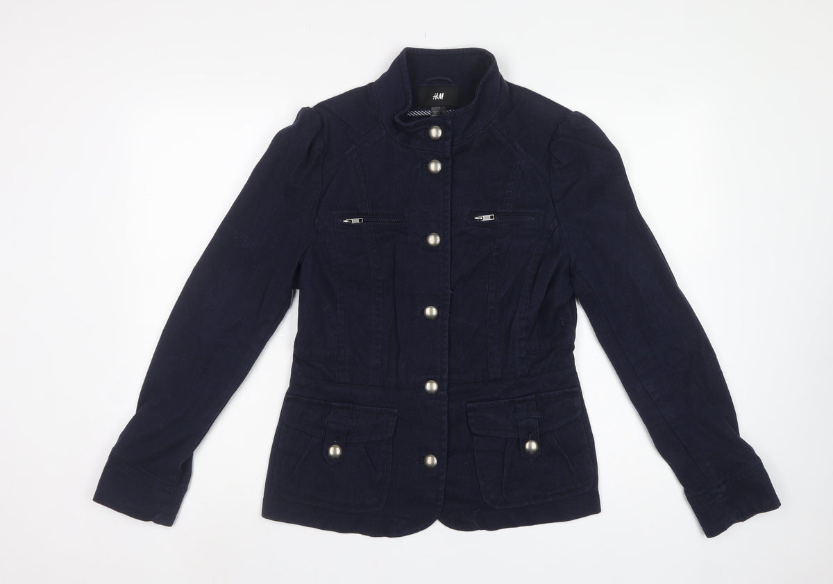 H&M Women’s Blue UK 12 Military Style Cotton Jacket Zip Pockets