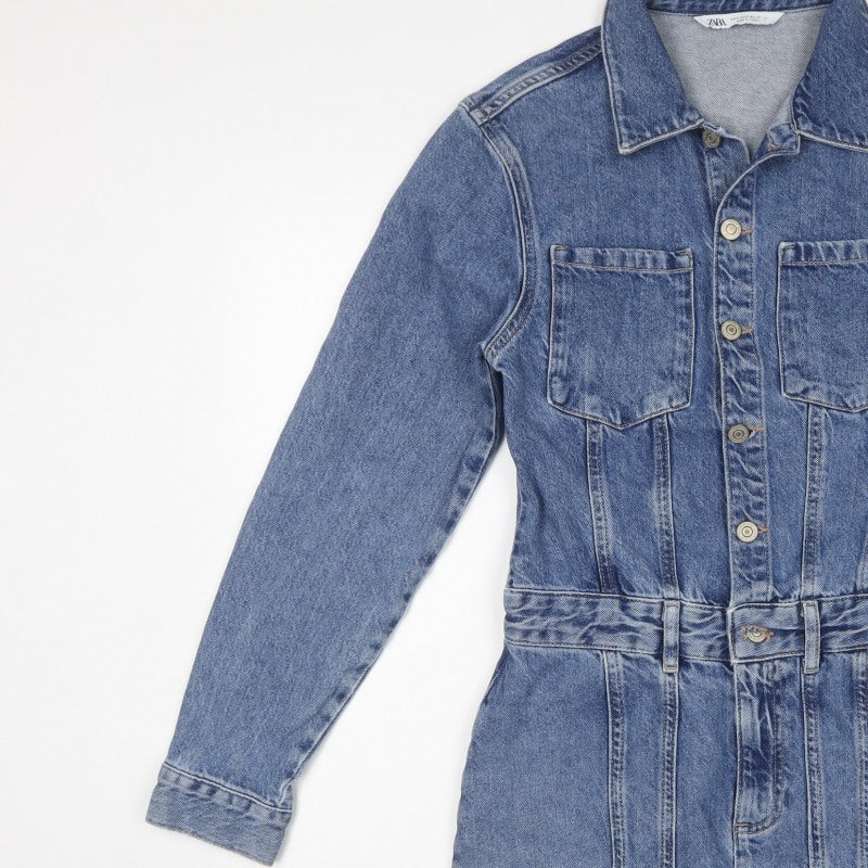 Zara Women Blue Denim Shirt Dress S Belted Long Sleeve Mini