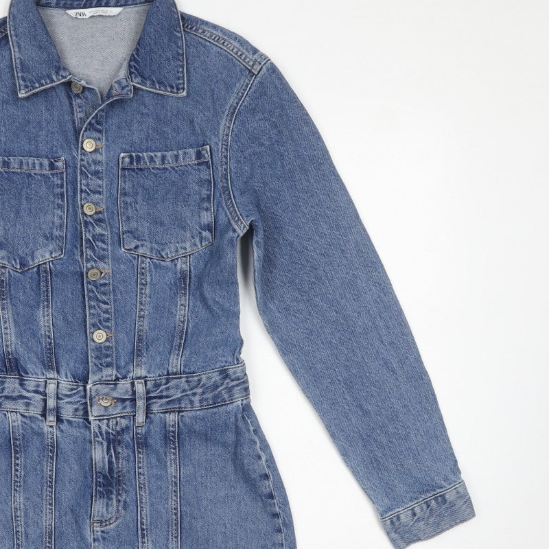 Zara Women Blue Denim Shirt Dress S Belted Long Sleeve Mini